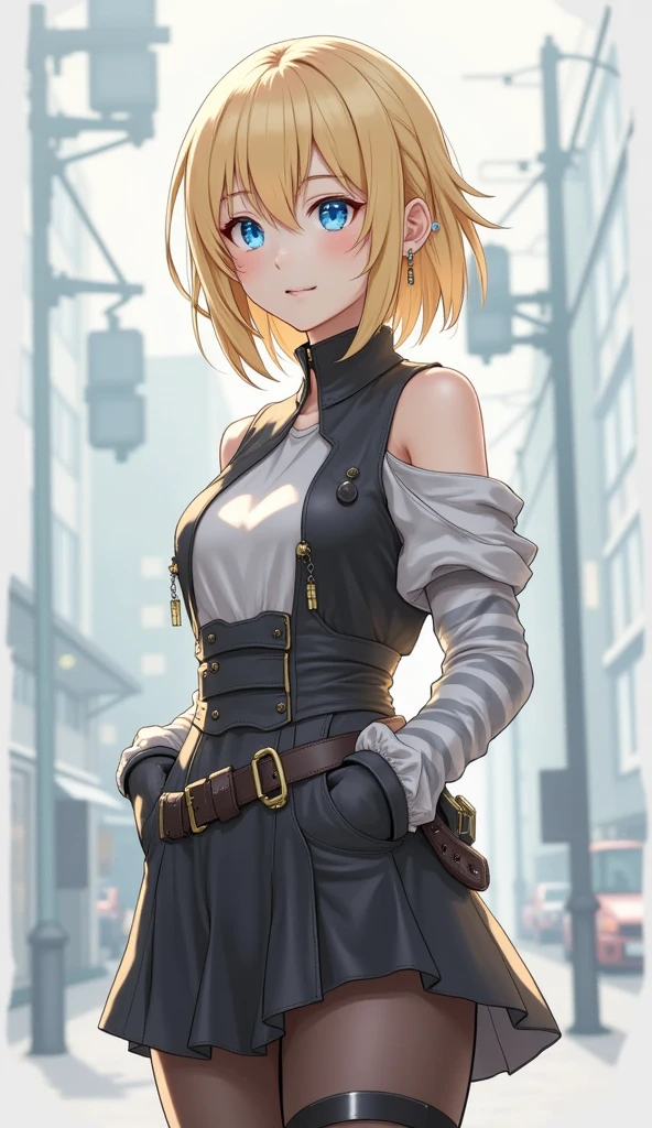  best quality,  high definition , AND18,  1 girl,  android 18, Alone,  blonde hair, ，Blue Eyes,  short hair details , ear nipple ring, gem,,  open vests,  black pantyhose,  I wasn't wearing underwear, Striped long sleeves,,  medium boobs that can use magic, cowboy shooting, street, (Out of specification: 1.2)