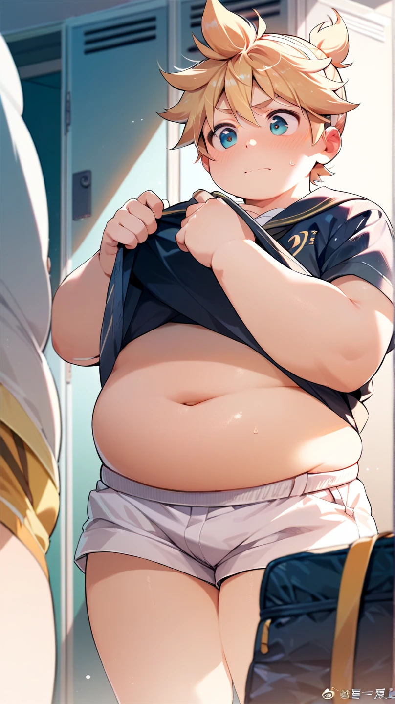 comedy anime style, one boy, (male ), Kagamine Len, obese, cute, chubby body, shirtless, chubby belly button exposed, face blushed, embarrassed, fat thigh and arms, holding a school uniform shirt in a changing room