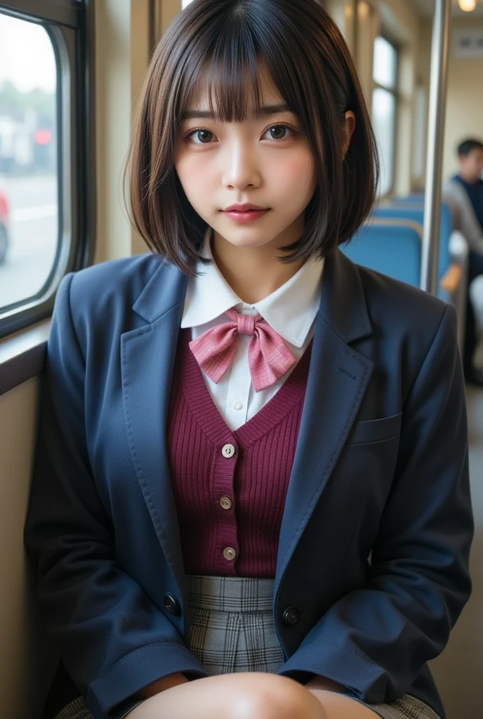 Picture of a high school girl on the commuter train, Realistic, 美しい女性face,    staring straight at the camera   :1.37,　 camera with very short hair :1.5,  my whole body is showing : 1 Perfect Anatomy  :1.21,   has a small head :1.21, Thin lips:1.5, Close your lips, Portrait of a Japanese woman :1.21,  The city's famous high school uniform   , blazer uniform,   blazer, 紺色 blazer,   white shirt :1.21,　 pink plaid ribbon :1.21, burgundy cardigan:1.5,　grey and white plaid pleated skirt  :1.21,      black hair:1.21 ,   straight hair:1.21,  Long Hair:1.21,      logo of a 22-year-old    :1.21,  is short:1,     beautiful Japanese woman about the same size  &#39;face:1.21,   symmetrical eyes next to woman ,   with bright eyebrows on rails  :1.37,   Details faces  ,   white skin:1.21,   fine skin,  skin growth  :1.21   , Silky Screen,　 lift up the skirt:1.3, White pants:1.2  