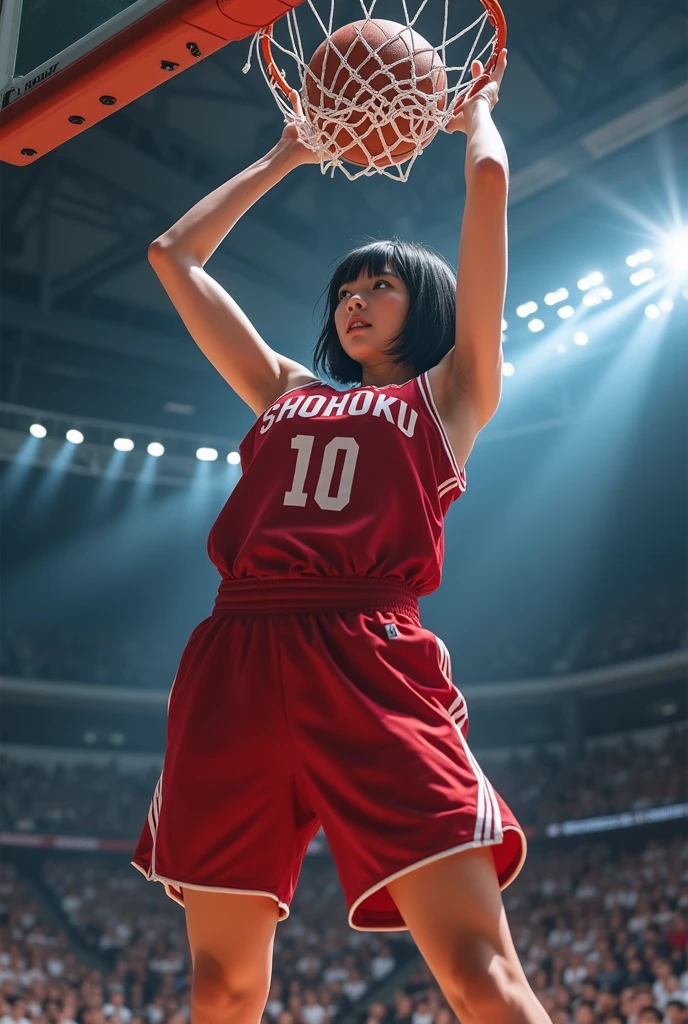 Realistically、A strong 16-year-old female basketball player、Smooth, Straight blonde short hair、Wearing red and white super fitted basketball gear、No bra:1.3、Very big breasts、Perfect proportions、Serious look:1.3、In-game experience、Hair fluttering softly、I can see my belly button:1.5、Sparkling sweat、Detailed face close up from the front:1.2、Illumination is backlit