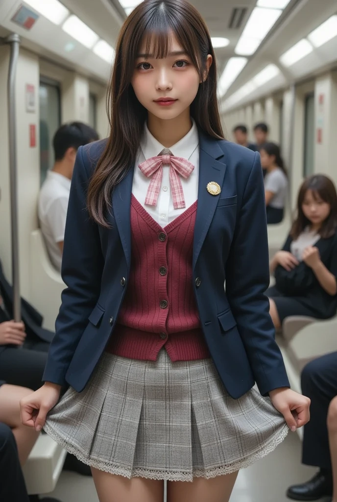 Picture of a high school girl on the commuter train, Realistic, 美しい女性face,    staring straight at the camera   :1.37,　 camera with very short hair :1.5,  my whole body is showing : 1 Perfect Anatomy  :1.21,   has a small head :1.21, Thin lips:1.5, Close your lips, Portrait of a Japanese woman :1.21,  The city's famous high school uniform   , blazer uniform,   blazer, 紺色 blazer,   white shirt :1.21,　 pink plaid ribbon :1.21, burgundy cardigan:1.5,　grey and white plaid pleated skirt  :1.21,      black hair:1.21 ,   straight hair:1.21,  Long Hair:1.21,      logo of a 22-year-old    :1.21,  is short:1,     beautiful Japanese woman about the same size  &#39;face:1.21,   symmetrical eyes next to woman ,   with bright eyebrows on rails  :1.37,   Details faces  ,   white skin:1.21,   fine skin,  skin growth  :1.21   , Silky Screen,　 lift up the skirt:1.5,　I can see white pants made of lace:1.5  