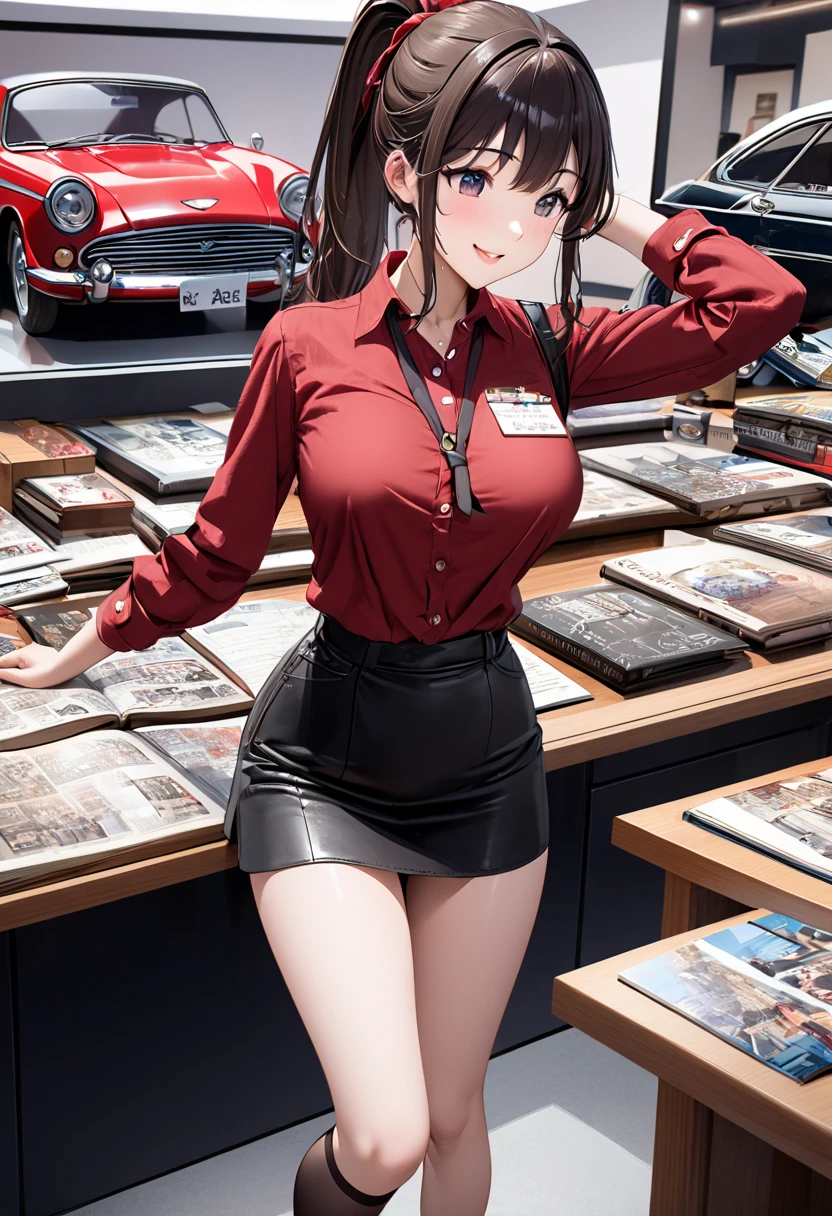  best quality、 Ultra Precise 、Detailed drawing、 vibrant colors、alone、Beautiful girl 、Age 30、classic car shop、showroom、Lots of cars、table、Beautiful big boobs、 business suit、 red shirt、 ties、Name tag、 Mini Skirt、 black stockings、catalog book and pen in hand、smile、Beautiful figure、 ponytail、Butt、 see here、 slender figure、Accurate depiction、 anime style illustration、
