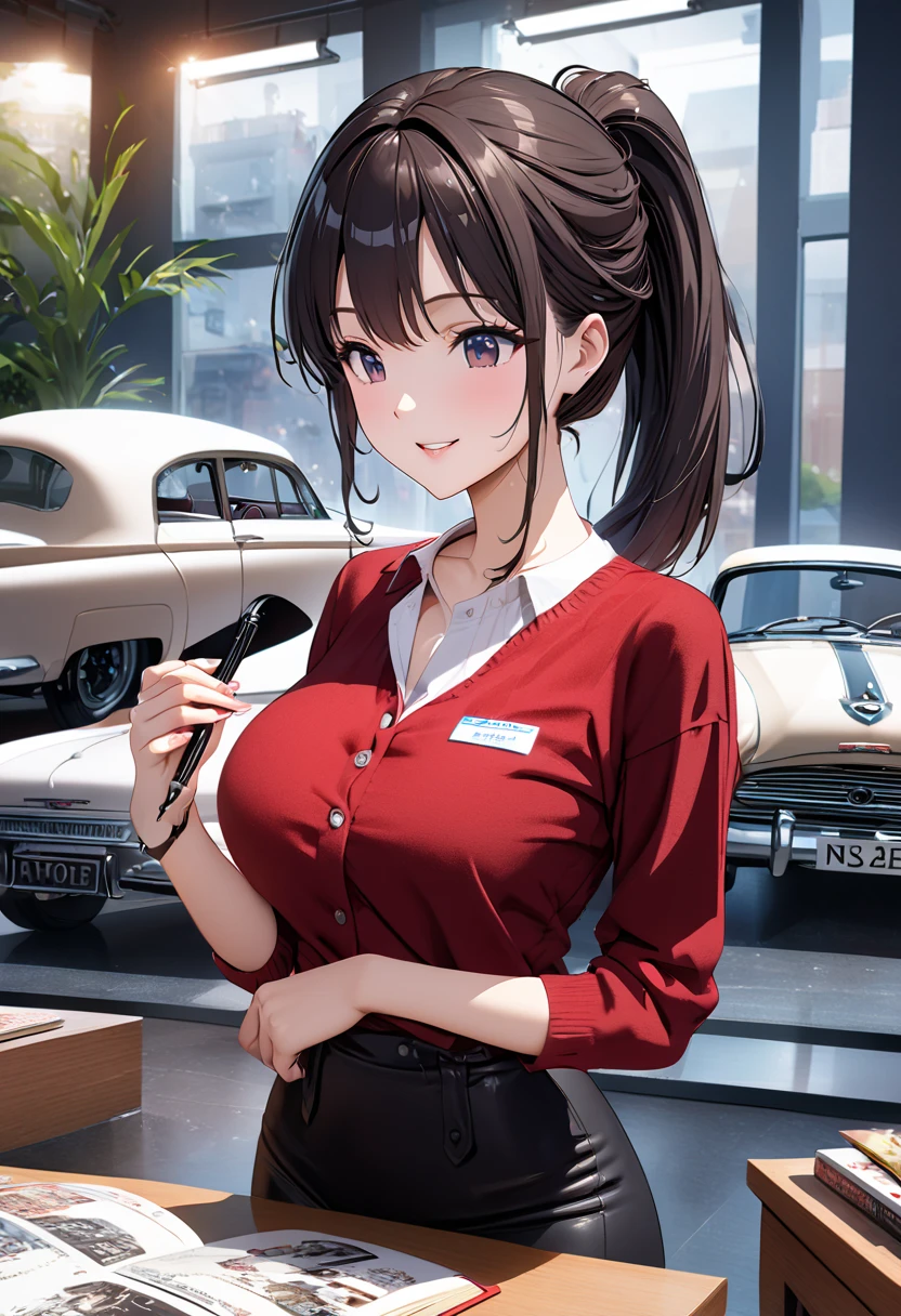  best quality、 Ultra Precise 、Detailed drawing、 vibrant colors、alone、Beautiful girl 、Age 30、classic car shop、showroom、Lots of cars、table、Beautiful big boobs、 business suit、 red shirt、 ties、Name tag、 Mini Skirt、 black stockings、catalog book and pen in hand、smile、Beautiful figure、 ponytail、Butt、 see here、 slender figure、Accurate depiction、 anime style illustration、
