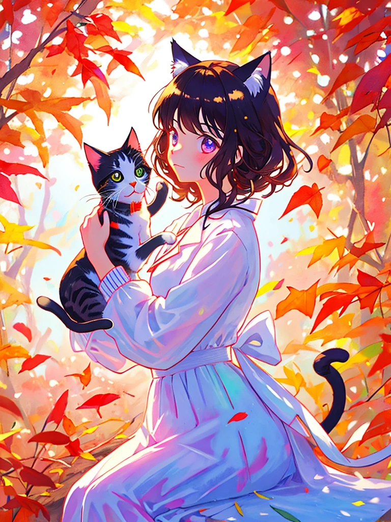 1 Girl\(Cat ears,beautiful, so cute, girl hugging a cat , unbearable ,The expression of a girl staring at a cat called and , in contrast , is wearing warm clothes, white skin,Lolita, \),  sitting, side_up,  side shot,Side view,background\(,autumn, sunlight filtering through the trees,\),  soft light,Watercolor, *********,(Meissen porcelain's,(girl holding a cat),Like),(masterpiece:1.2,  best quality, ), Synchrotron radiation, works by Julius Conrad Hentschel 