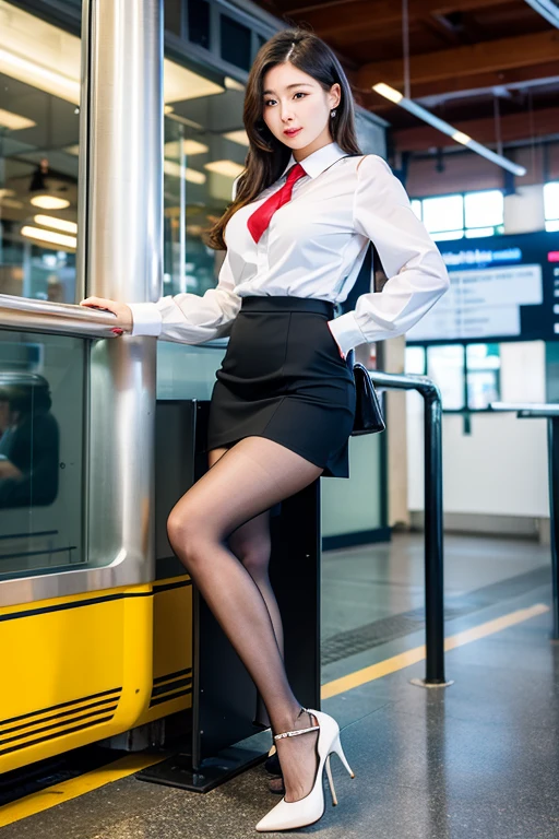 RAW photo, a sexy mature asian woman looking to the camera, short hair, (white office blouse), ((black office skirt)), ((black color:1.3) stockings), high heels, (sitting opposite in a bus:1.4), spreading legs, flirting, teasing, makeup, red lips, (high detailed skin:1.2), 8k uhd, dslr, soft lighting, high quality, film grain, Fujifilm XT3