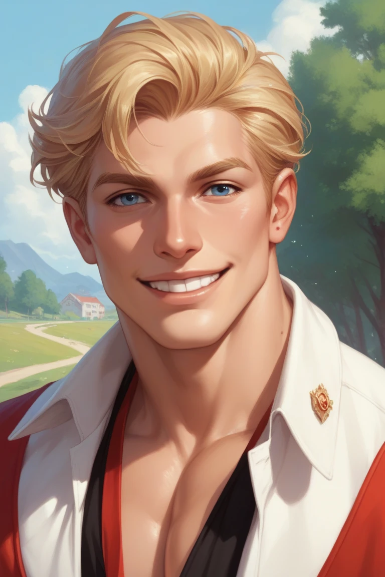 a handsome Caucasian cowboy, blonde hair, a charming smile, 1800s clothing