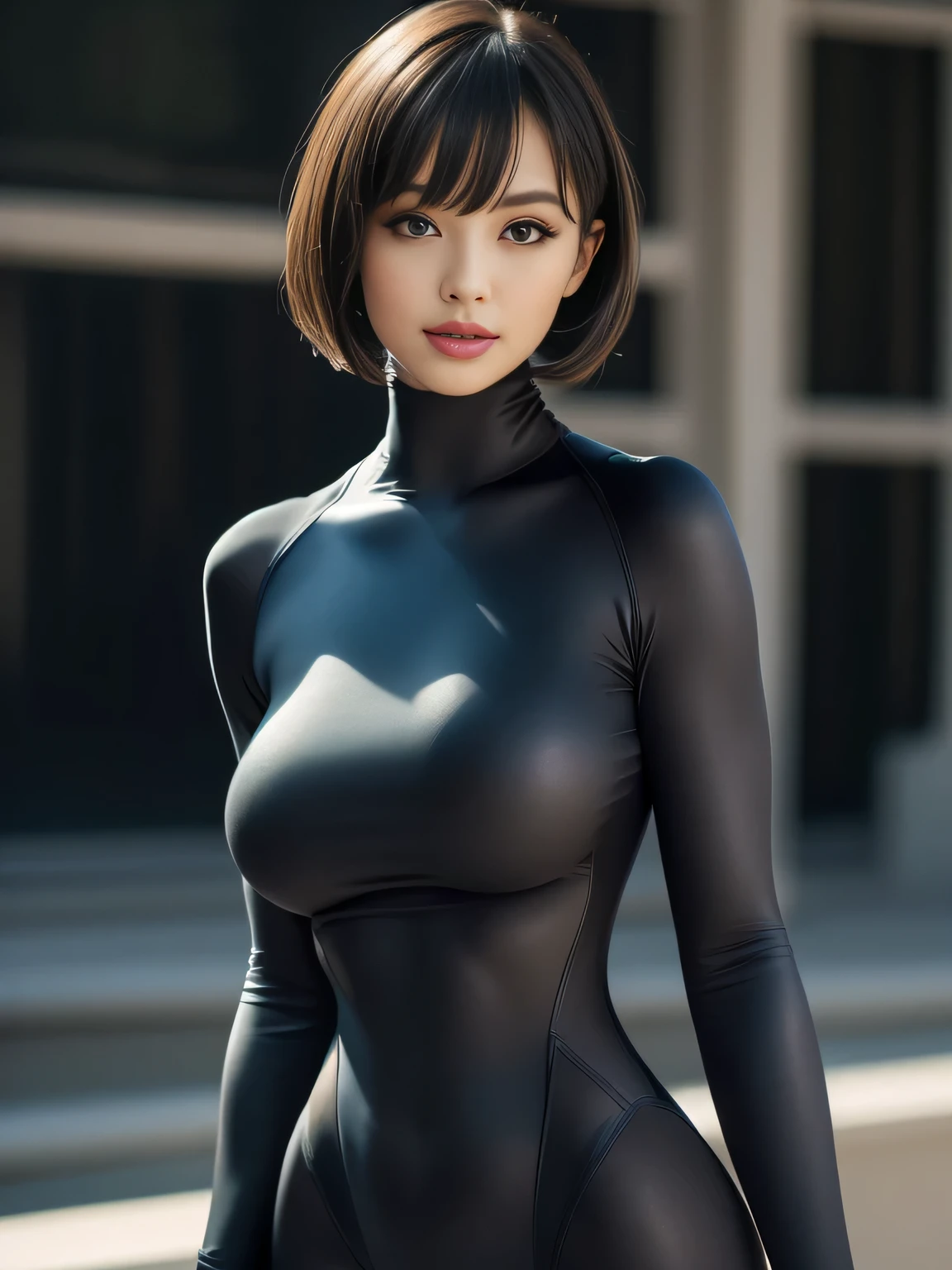 (Matte tight suit:1.3), High-neck, Long sleeve, (Looking at the viewer:1.5), Outdoors,
8K Quality, (High Resolution:1.5), (Realistic photo:1.5), Extremely detailed photo, Body that is depicted in ultra detail, Absolute masterpiece,
Big breasts, (Lip make-up), Bangs, Short wavy bob, Ultra beautiful girl, Evil smile