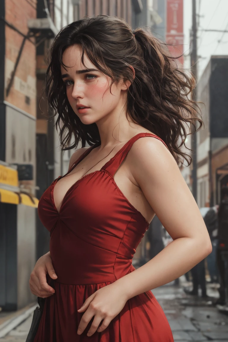 [white-skinned woman:1.2, long curly hair:1.2, elegant red sundress, deep neckline, snub-nosed, bright brown eyes], awesome breasts, VSCO filter: C8)