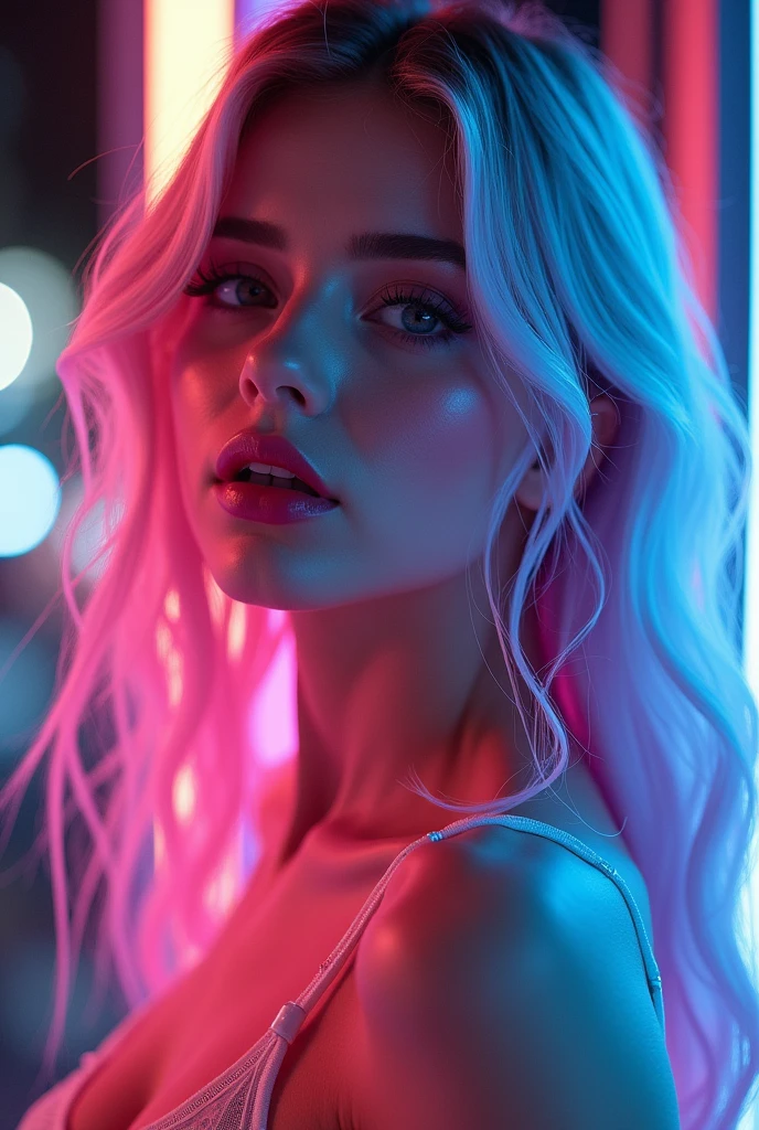 arafed woman with a pink hair and blue eyes posing for a picture, glowwave girl portrait, glowing with colored light, with neon lights, neon lights in the background, neon lights in background, neon light and fantasy, colorful glow, ultraviolet and neon colors, colorized neon lights, glowing neon, connected with glowing tubes 8 k, vibrant lights