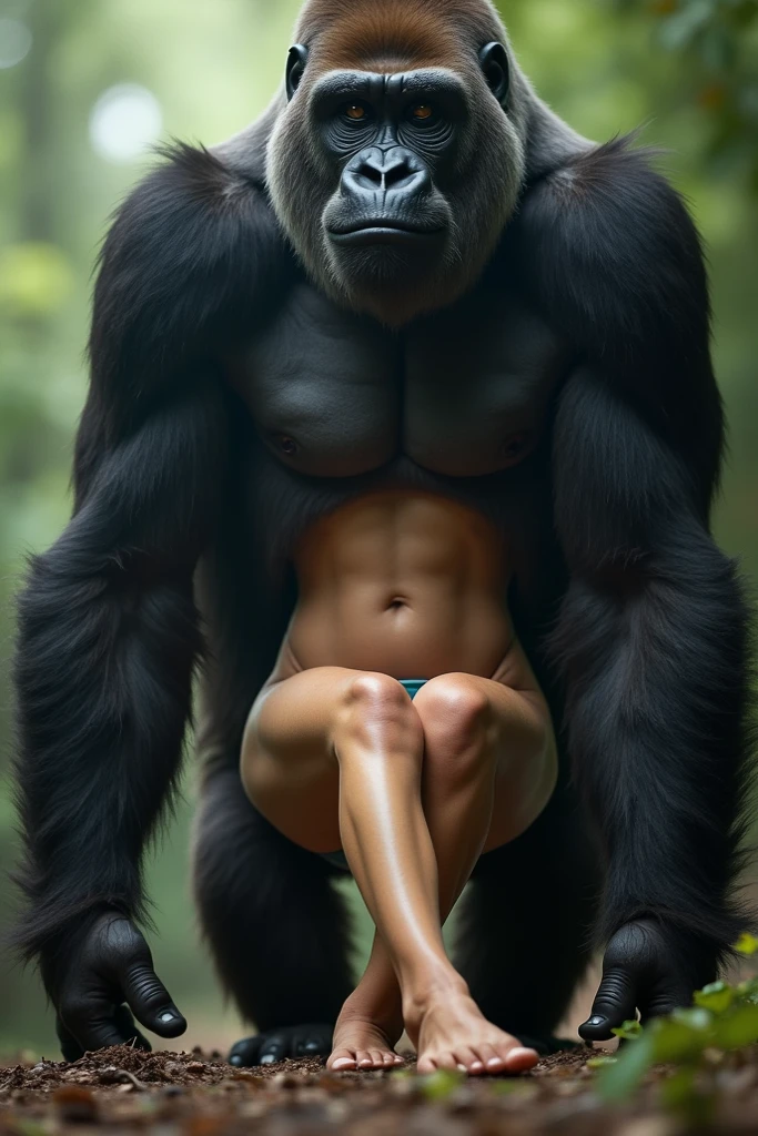 Large giant gorilla monster  carries topless beautiful bikini  teen girl in his arms embrace sitting on his lap cuddling  kissing 