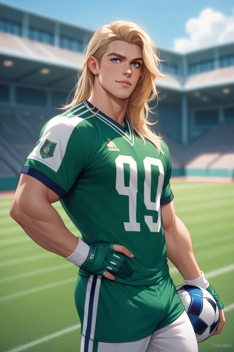 a blonde college football player, wearing a green and white jersey, blonde hair, blue eyes, handsome, 23 years old