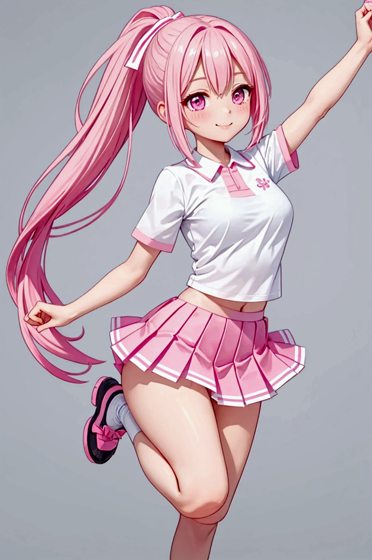 (cheer,pink and white and pink line pleated miniskirt), BREAK cheeringoutdoors,One leg up, standing, smile,ponytail ,a female, Square face, healthy skin,double eyelid,pointy nose,full body,HD background,beautiful facebest quality, ultra detailed, high resolution,8k, extremely detailed CG,super fine illustration