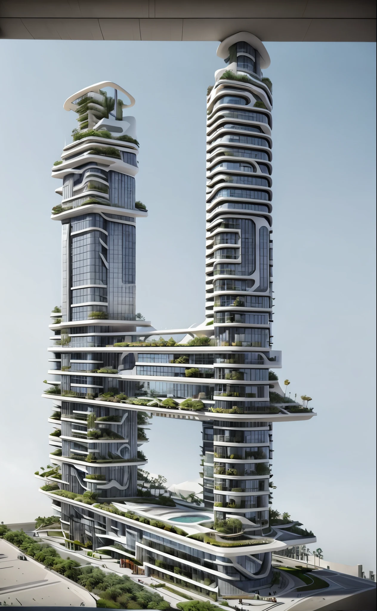 building designed by Zaha Hadid, a futuristic building, a modern building, sidewalks around the building, blue sky, hanging gardens, the hanging gardens of Babylon, sustainability, future technology,  masterpiece, art, better resolution, structural frames on top