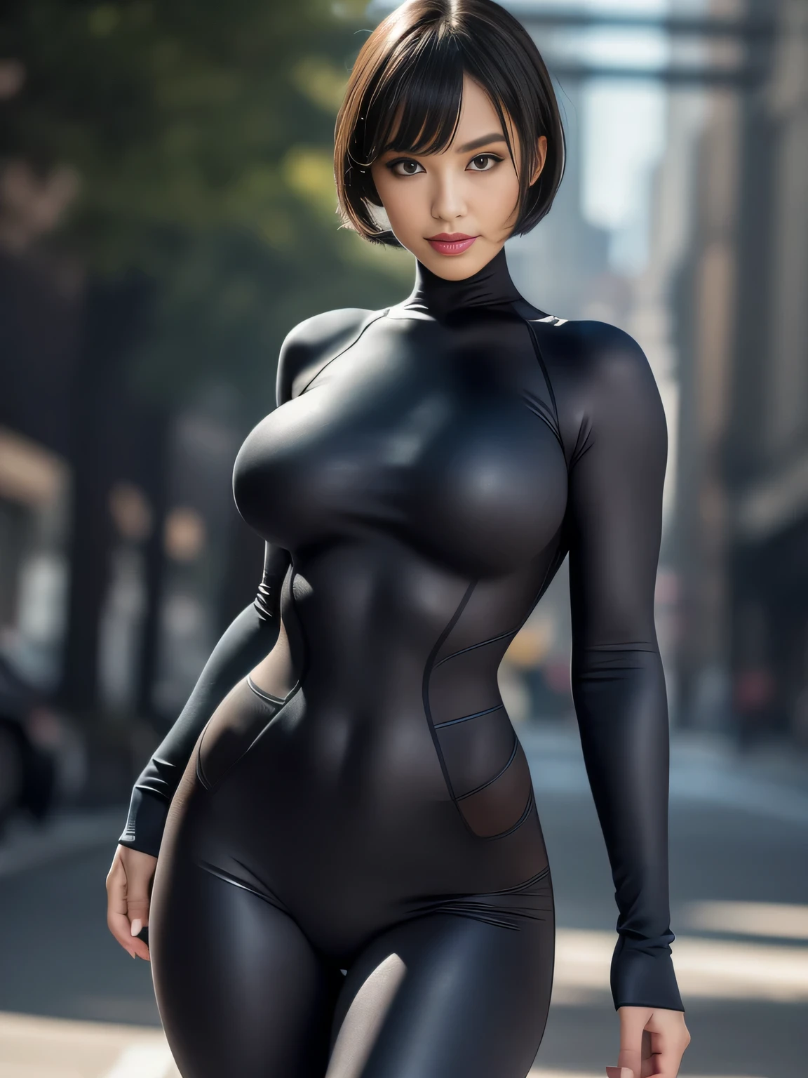 (Matte tight suit:1.3), High-neck, Long sleeve, (Looking at the viewer:1.5), Outdoors,
8K Quality, (High Resolution:1.3), (Realistic photo:1.5), (Raw photo:1.1), Extremely detailed photo, Body that is depicted in ultra detail, Absolute masterpiece,
Big breasts, (Lip make-up), Bangs, Short wavy bob, Ultra beautiful girl, Evil smile