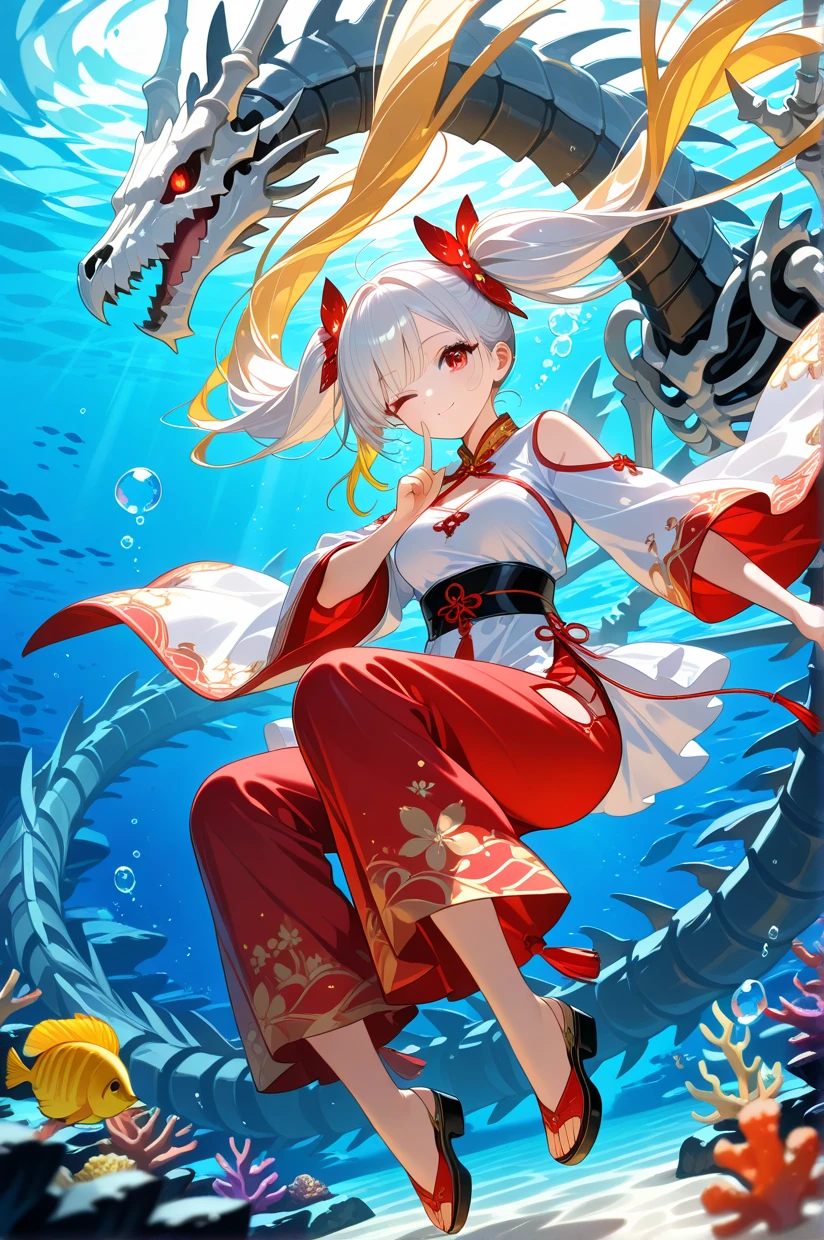 1girl,clothing cutout,oriental clothing, breast cutout, red eyes, breast, wide hair.underwater, very long hair, big twintails, wide twin tails,whitehair, yellow hair, multicolored hair, floating:1.3 under water, giant skeletal dragon:1.4, bubble, reefs, floating hair,knee high, index finger raise, shushing:1.3, wink:1.5,masterpiece, best quality, ultra detailed, absurdres, newest