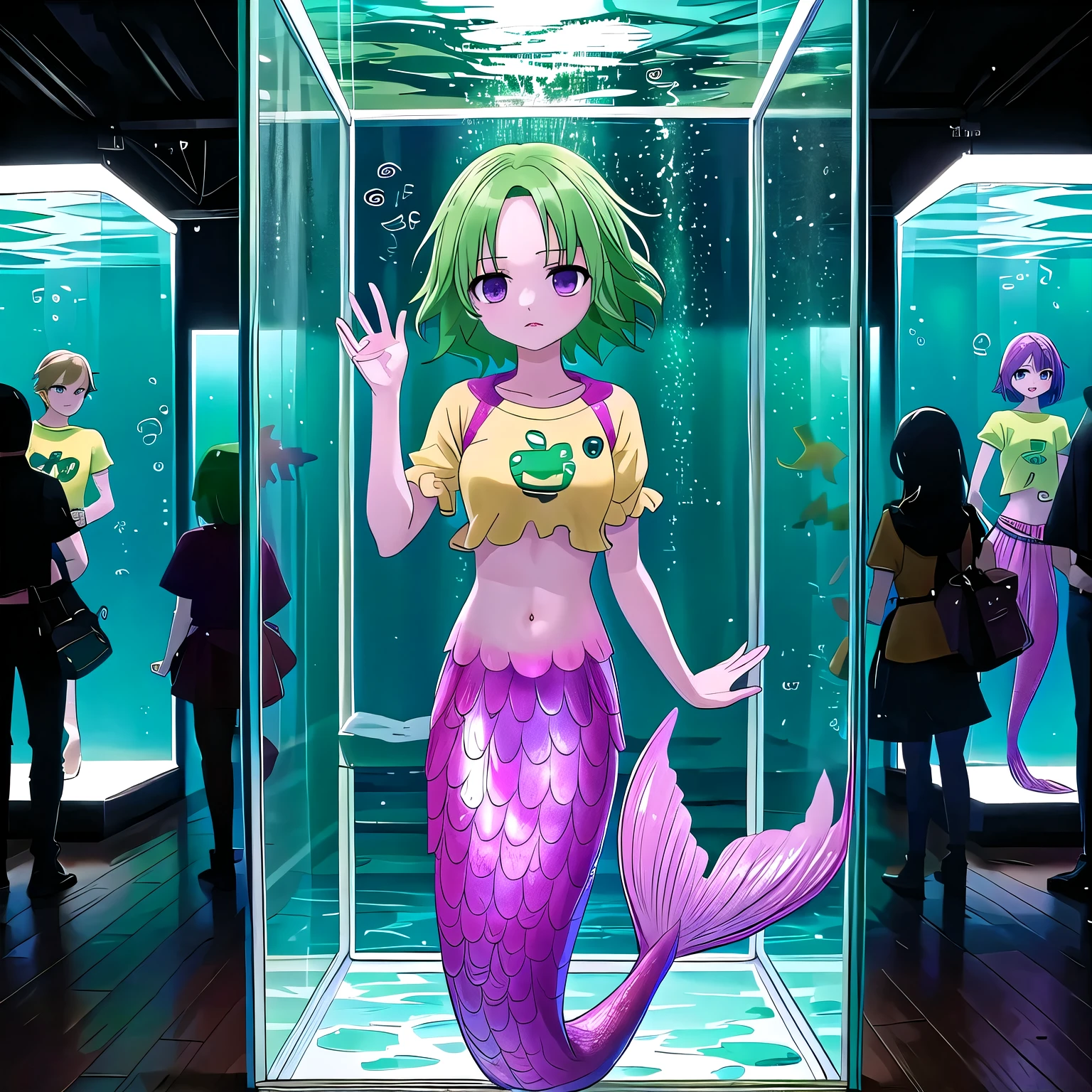 despair,aquarium, short hair, green hair, mermaid, (dark purple eyes:1.1), (parted bangs:1.5), (forehead:1.2),crop top, raglan sleeves, short sleeves, midriff, navel,