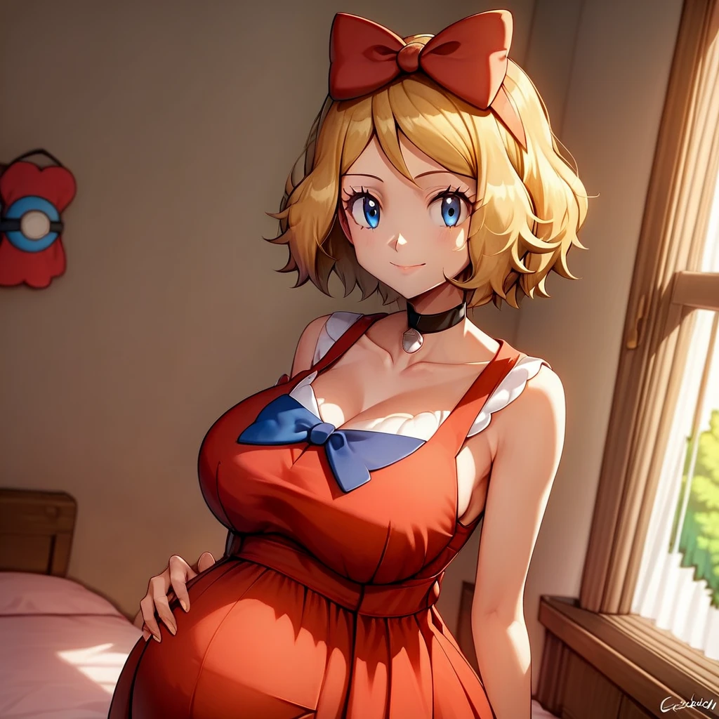 masterpiece, best quality, 1girl,serena \(pokemon\), short hair, blonde hair, blue eyes, eyelashes, black choker, hair bow, dress, collarbone, large breasts, smile, looking at viewer, solo, indoors, bedroom background hyper-pregnant 