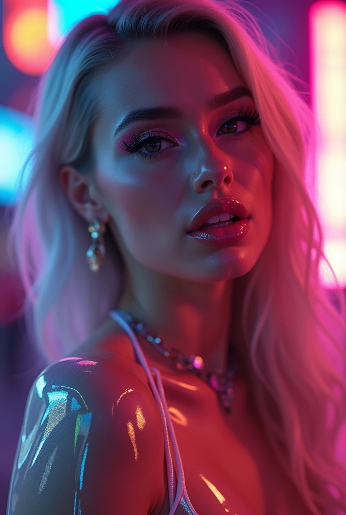 RAW photo of young English woman, color photograph, full length portrait, ((a realistic photo of a beautiful young 21yo girl)), shadows, futuristic silver wing eyeliner, dark lips, ((pale glowing skin)), looking at viewer, sexy, erotic pose, smirk, shy, expressive purple hair, perfect facial features, perfect realistic skin, tight iridescent dark pink crop top, short pleated pink skirt, masterpiece, high quality, very detailed face, gothic, night bokeh background, small breasts,