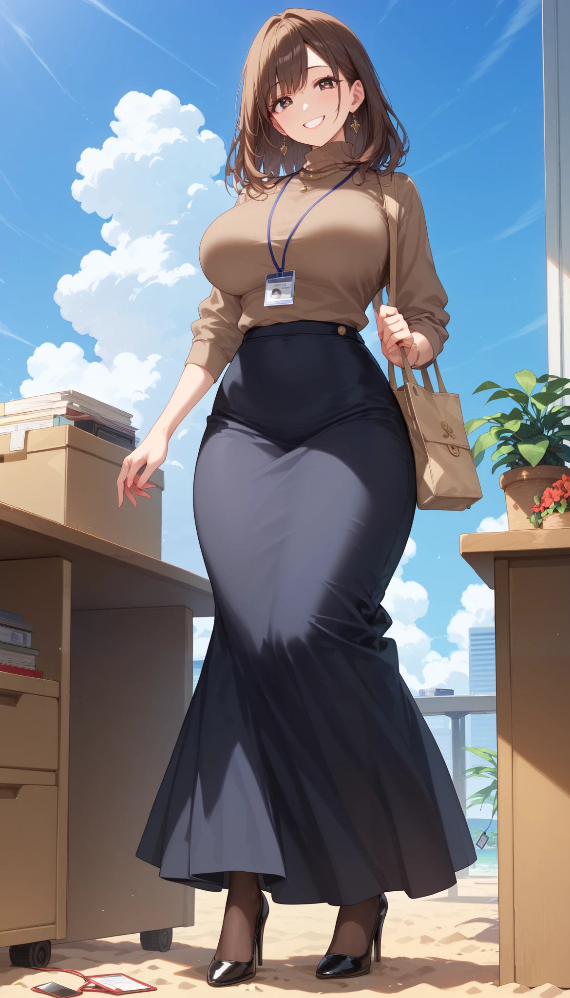 nsfw, ( mature woman , full body shot , slender body , beautiful eyes , round eyes, smiling gently , sandy beach), (large tote bag、Brown Turtleneck Knit , Navy Flared A-line Long Skirt, black stockings 、 black high heels ),(Lanyard with ID )Straight brown hair, bangs、Long Bob Hair, Big Breasts、Sparkling Eyes、 dark eyes、
Company office 、 office building 、My boobs are sticking out of my desk and my PC