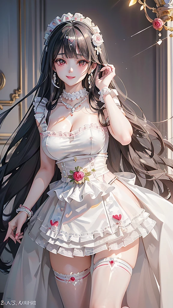 (((masterpiece, ultra high definition, super high quality, 8K quality))), (((single woman))), (((Dark Gray hair:1.2))), (((Long hair))), (((Long Bangs))), (((deep clear Red eyes))), (((shining eyes, highlight on eyes))), ((long bangs)), pink lips, (((beautiful and well-balanced proportions))), sexy expression, ((highly detailed)), ((perfectly detailed face)), ((detailed and carefully drawn hands)), (((very large and ample breasts))), (((cute smile)), ((Pearl White colored Love uniform, maid head dress)), photorealistic image, (((photo from the waist up))), ((large earrings, necklace, bangle, ring)), ((Rose flower hair ornament))
