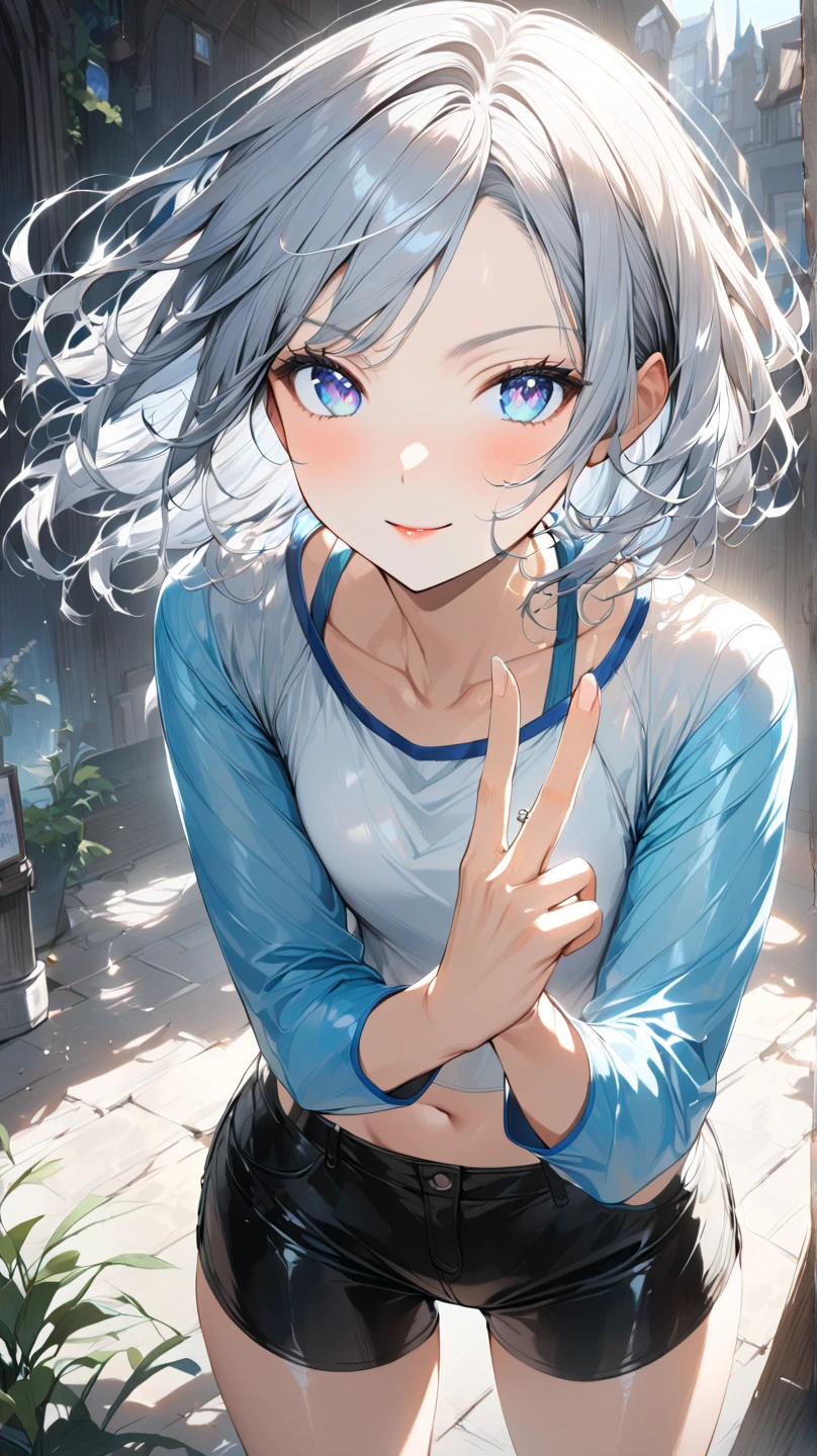 (highest quality))、((masterpiece))、(detailed),masterpiece,best quality, high quality,ulutra detailed,Perfect Face、1girl,Mina、((Sparkling Eyes、Cat ear、Silver Bob Hair))、Are standing、peace sign、 BREAK smile、(Half-closed eyes:1.1)、stare、blush、See who&#39;s watching、Heavy breathing、steam、moisture、(heart:1.1)、 BREAK、(The chest is open、White zip hoodie:1.4)、(Hooded Head:1.3)、Rabbit ear hood、Bikini Tops、White shorts、Sandy Beach