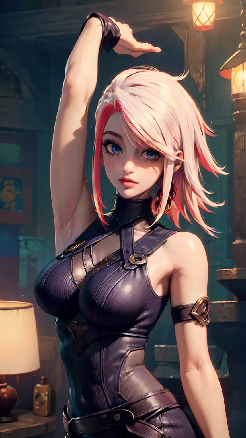 (best quality, high resolution: 1.2), 1 girl, beautiful detailed eyes, beautiful detailed lips, extremely detailed eyes and face, long eyelashes, medium, vibrant colors, HDR, physically realistic rendering, large breasts, perfect shape, visible armpit, facing viewer, gorgeous, sleeveless bodysuit, bra, panties, nude girl, sexy girl, graceful