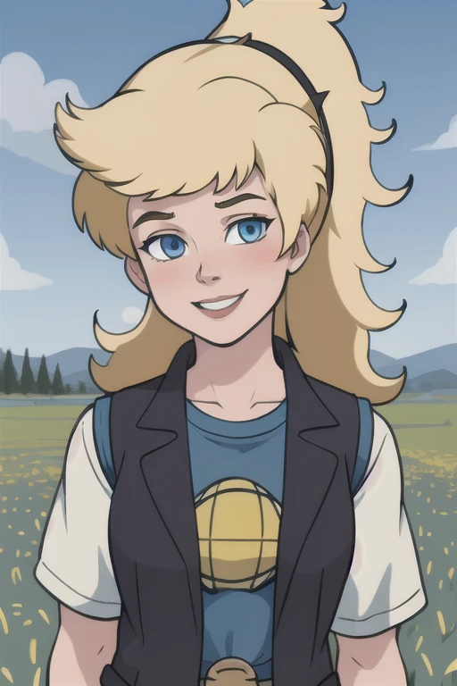 masterpiece, best quality, 1girl, linka, blonde hair, ponytail, blue eyes, vest,  shirt, upper body, looking at viewer, smile, solo, meadow background, blushing 