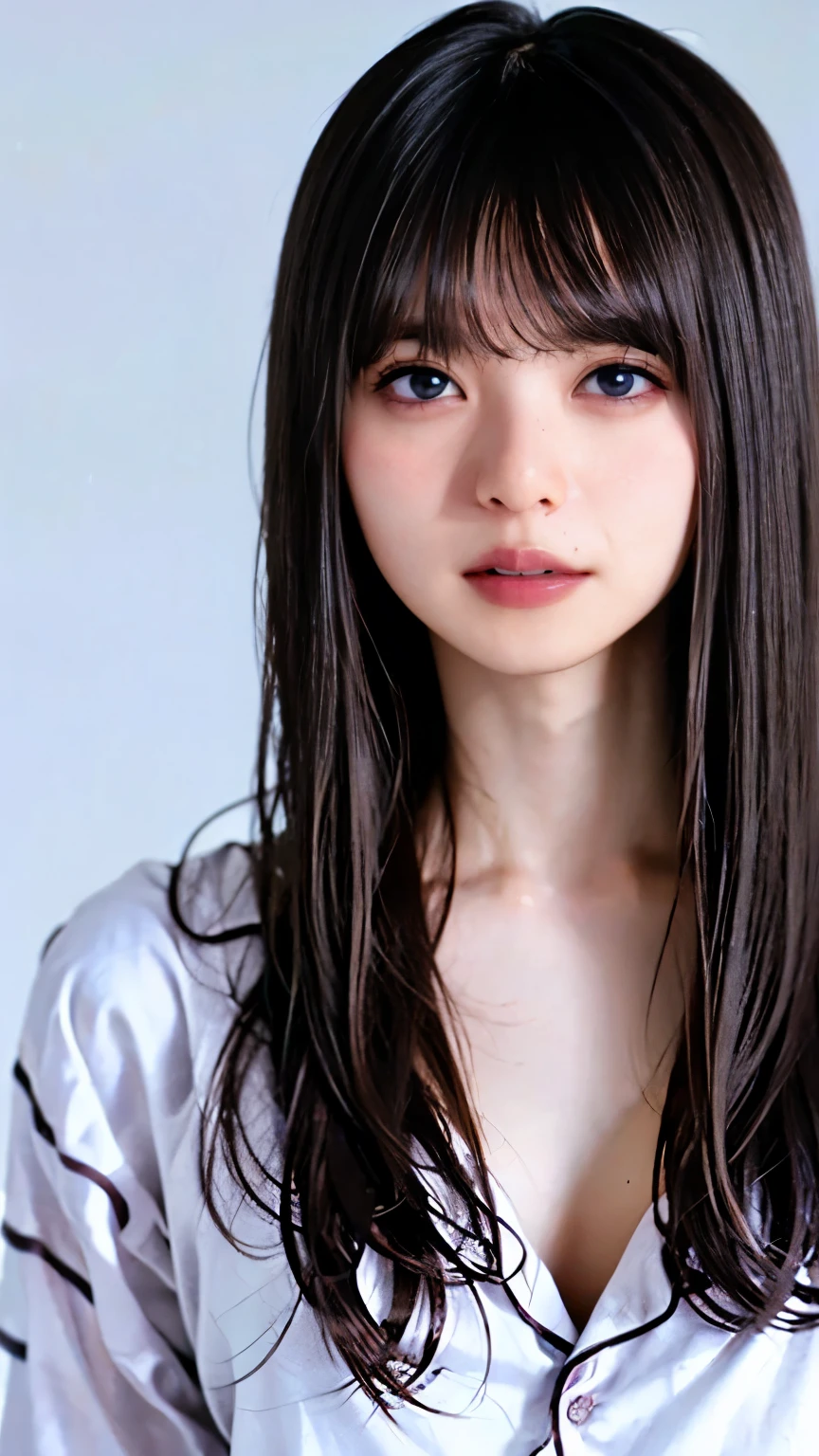 1 girl, alone focus,  (open front shirt,pajamas:1.5), ( long hair,bangs :1.5),highly detailed eyes, (white skin:1.1,heavy makeup), highest quality, Super detailed ,on the bed,pregnant woman,(m legs:0.5),Water breaks