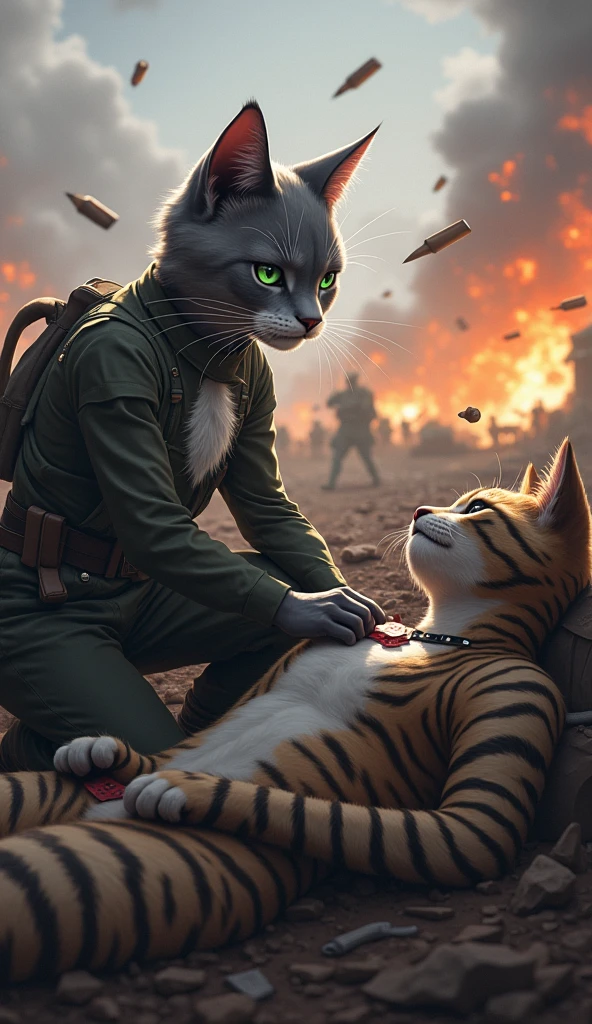 The orange soldier cat fell down on the ground bloody unconscious and the white chubby kitten was shocked and shouting beside him, rainy and windy weather, bombing and explosion behind them, in a battle field, 3D style