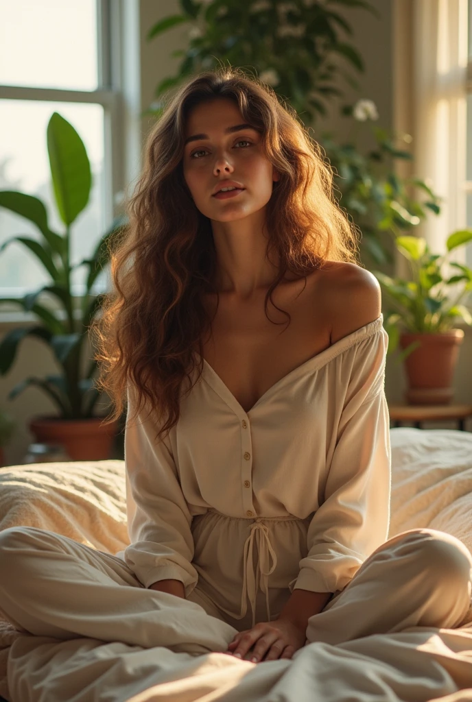 (photorealism:1.2), beautiful woman, sitting on bed, wearing loose off-shoulder top, pajama pants, long curly hair, indoors, soft lighting, plants in background, window with sunlight, cozy room, relaxed pose, realistic, intricate details, warm colors, by Greg Rutkowski,
