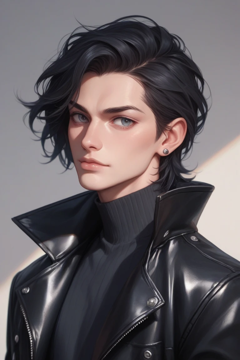 A 1960s bad boy, black leather jacket, pale skin, long black hair