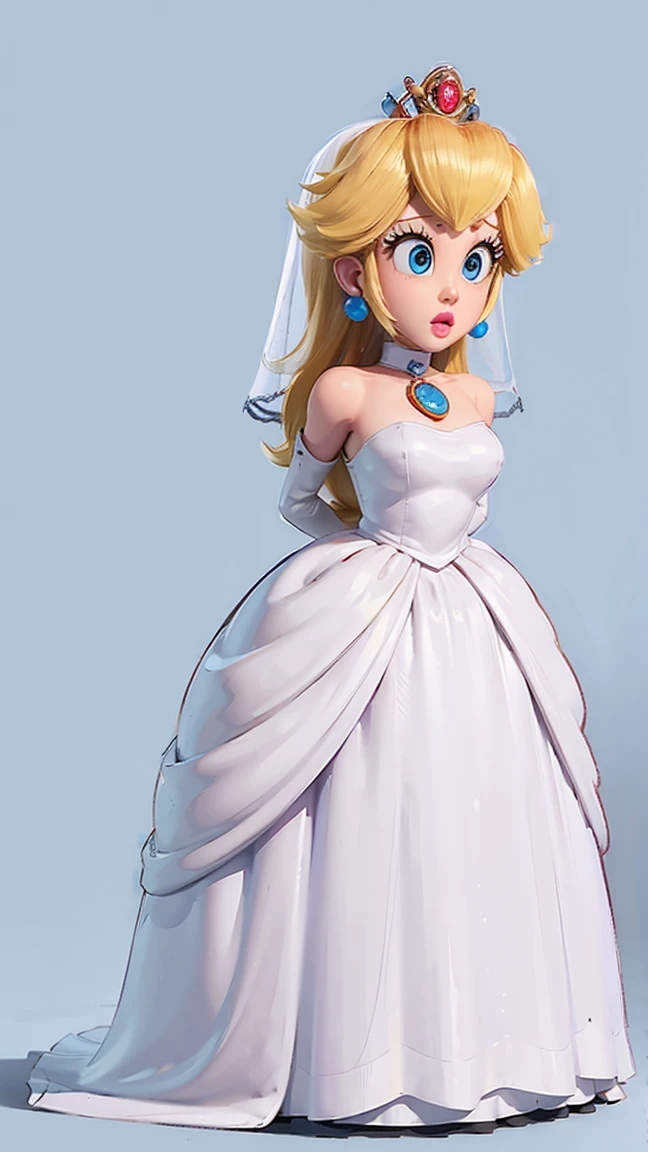 score_9, score_8_up, score_7_up, 1girl, solo, Princess Peach \(Mario Bros\), ((masterpiece)), ((best quality)), (detailed), perfect, solo, peach, gorgeous woman with wedding dress, wearing heels, long hair, huge breast, deep cleavage, huge breasts, sexy, wearing a black microfoam mask, tight microfoam mask, black wrap microfoam mask, (complete body view, full body view), (arms behind back:1.4), front view.