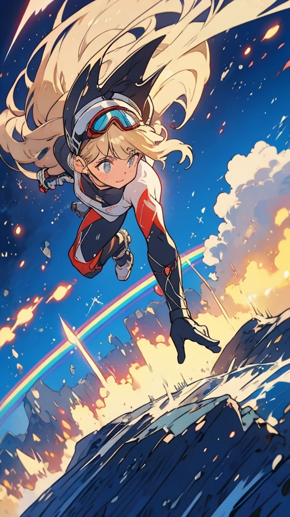 
 1 girl\(Mountain biking\( motion blur :1.2\), (downhill:1.4),  running down a dangerous cliff , rider, downhill outfit\( full face helmet inside the lunar base,  stains, protector, visor,goggles\(Rainbow Reflection\)\), blonde alone, long hair,Floating Hair, ( Dynamic Action :1.5)\), break ,background\(nature, Partly cloudy,  sunlight shining through the clouds  ,Heavy Rain, , Dust,\), ( dynamic angle:1.4),, wide shot, landscape