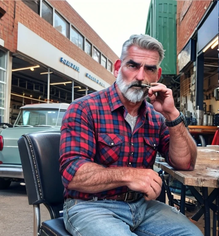 jim, mature white man , 60 years,  wearing a red and black plaid shirt and blue jeans, look very serious , thick eyebrows, big nose, barba,  gray hair , smoking pipe. 
 is looking directly at the camera ,  sitting on a chair in front of an auto repair shop . 