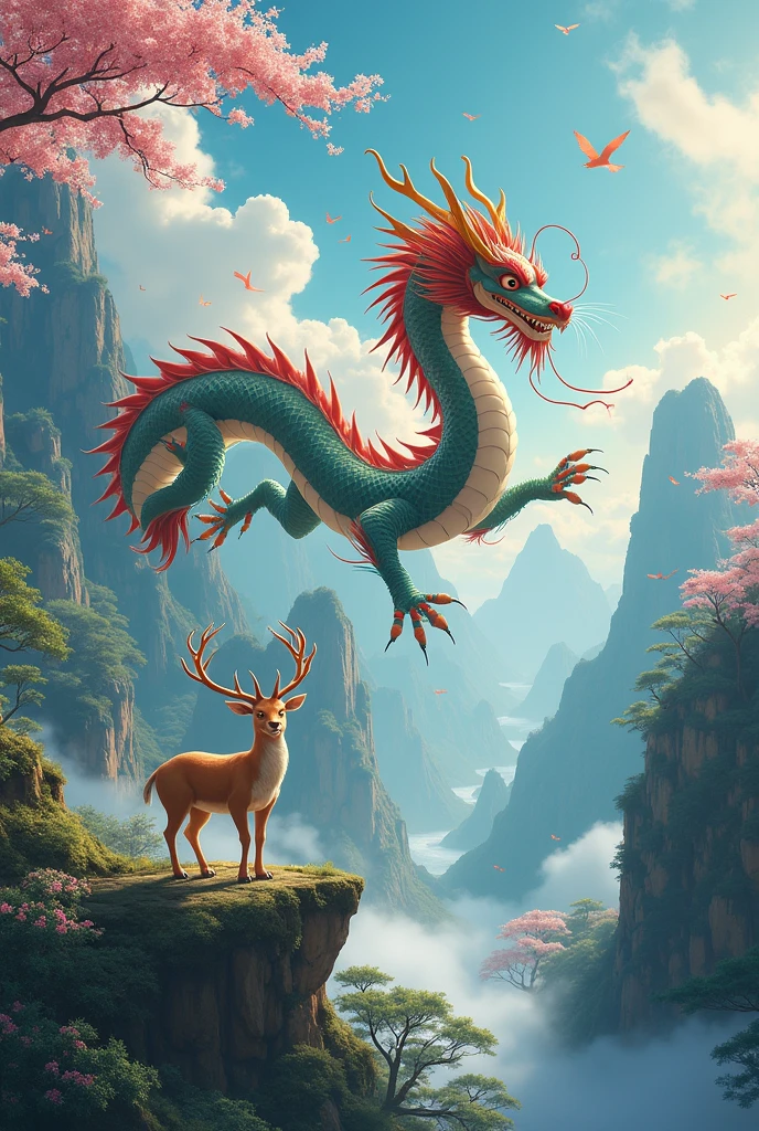 Chinese style red dragon,Dragon and human alliance,A group of people,background chinese style,Mountains and rivers,dragon huge