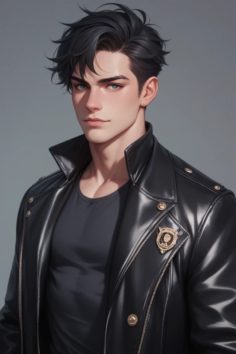 A 1960s bad boy, black leather jacket, pale skin, long black hair, handsome