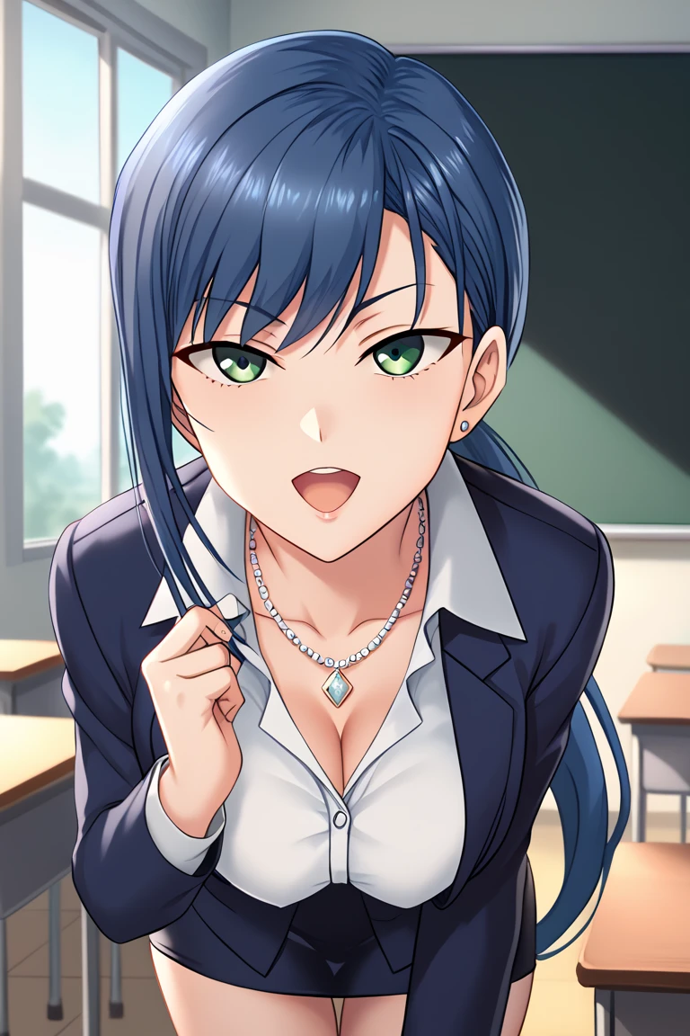  adult woman,26 years old,School teacher, Very Long Hair ,  hair hanging over shoulders , Low Ponytail ,bangs, Blue Hair, green eyes, opens your eyes , open her mouth ,  smiles, closes her mouth,clavicle, silver necklace ,Dark blue jacket,Black striped shirt, dark blue pencil skirt , thigh-length black floral stockings, Background School Classroom ,Character portrait,solo,  anatomically correct ,  high definition , accurate, 最 High Quality ,  high detail,  HD Model,  High Quality ,  Ultra High Definition,  textured skin,  8k octane, 