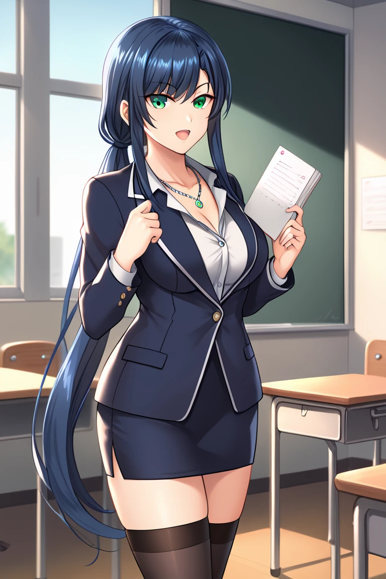  adult woman,26 years old,School teacher, Very Long Hair ,  hair hanging over shoulders , Low Ponytail ,bangs, Blue Hair, green eyes, opens your eyes , open her mouth ,  smiles, closes her mouth,clavicle, silver necklace ,Dark blue jacket,Black striped shirt, dark blue pencil skirt , thigh-length black floral stockings, Background School Classroom ,Character portrait,solo,  anatomically correct ,  high definition , accurate, 最 High Quality ,  high detail,  HD Model,  High Quality ,  Ultra High Definition,  textured skin,  8k octane, 