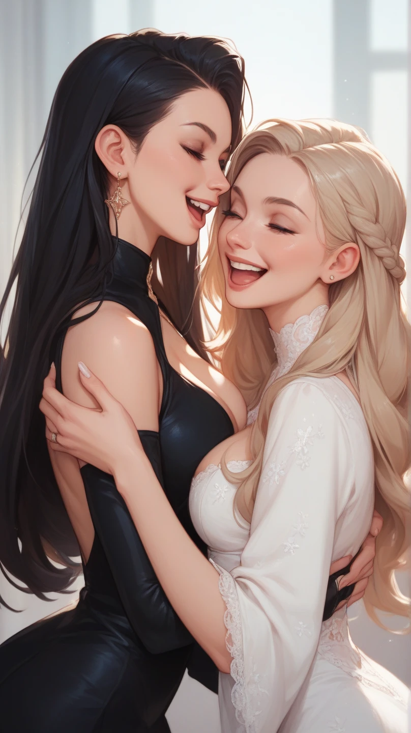 two long hair blond girls laughing together (comic - anime style) one with a full black  outfit and the other one with a white outfit (point of view : back)