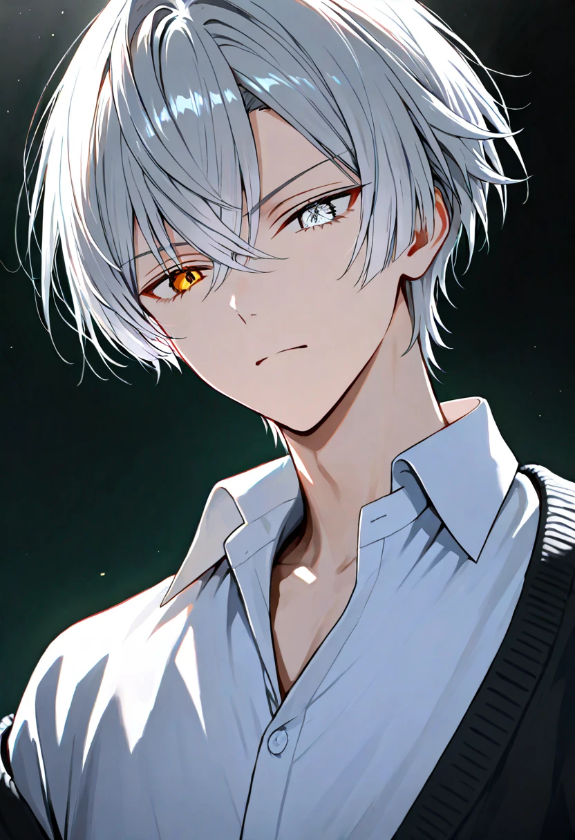 1boy, white collared shirt, black cardigan, heterochromia eyes, long silver hair, serene serious expression, soft gentle color palette, peaceful calm atmosphere, official