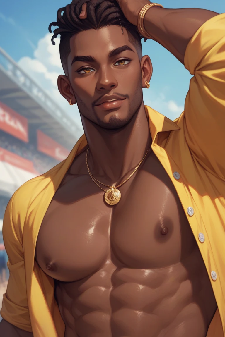 A supermodel in a red bikini, African American man, wearing a yellow button up