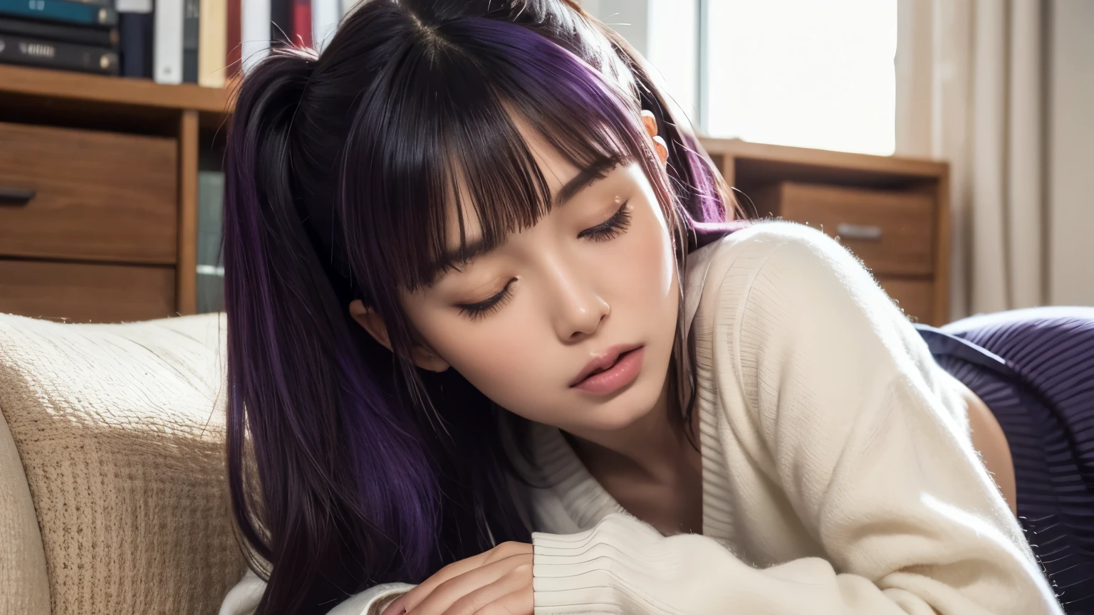 a corner of the office, on the sofa, lying down on side, wearing warm autumn fashion, asleep with clothes on, skirt is riding up to her thighs, thighs are exposed, closed eyes, yawn, half twin tails, diagonal bangs, dark purple hair, hair is shaggy and dishevelled, beautiful white-colored translucent skin, slendar figure, like a cat eyes, lazy expressions, no-makeup, {realistic}, {cinematic}, {photogenic}