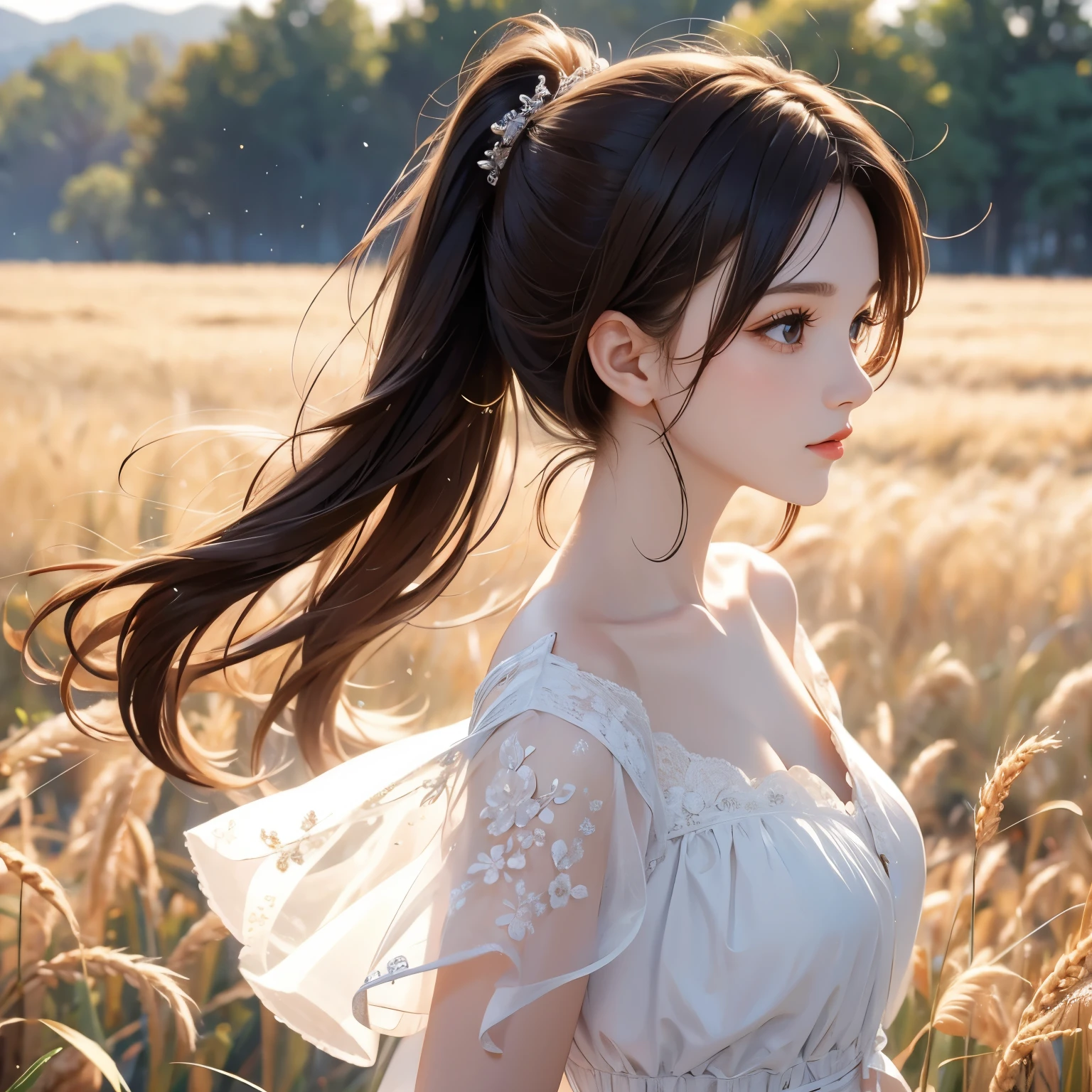 (masterpiece:1.4),, ( best quality :1.4),, super high resolution,, 8K, CG,, ( very delicate and beautiful :1.2),, , upper body,, From the side,, Watch viewers ,, , 1 Girl,, unique ,, Fashion Girl,, Mature Girl,, , cute, Sweet,, , In the wheat field,, blurry background ,, , long brown hair ,, Ponytail Hairstyle ,, , brown eyes,, Shut up,, red lips,, , Windblown face,, , white dress,, medium breasts,