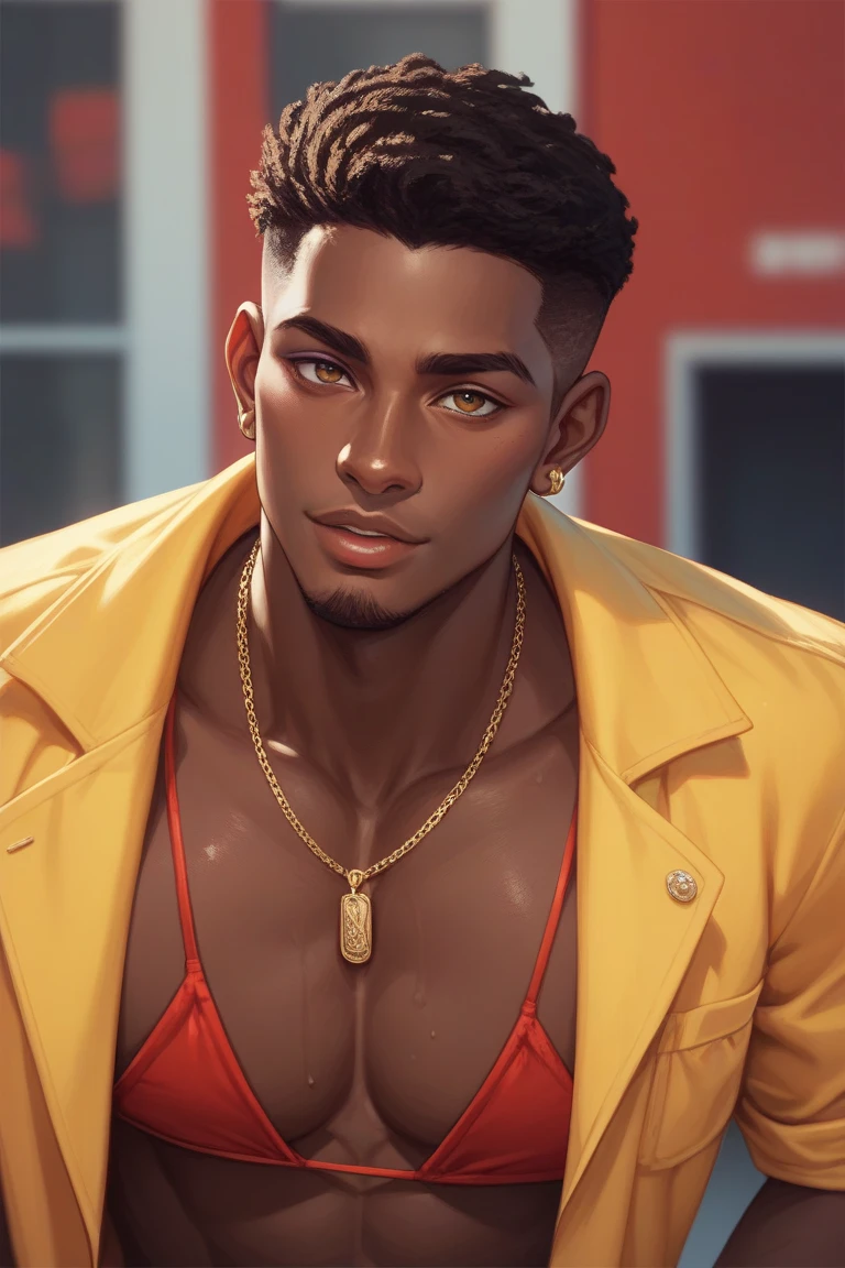 A supermodel in a red bikini, African American man, wearing a yellow button up