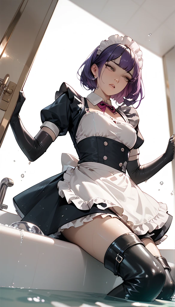 18-year-old boy，cute，Wear the maid outfit and a black work tie，Wear a maid hat，Wear cat ears，Wear black pants，Wear black booties，Wear white gloves，Black hair，Black eyes，blush，sweat，porn pose