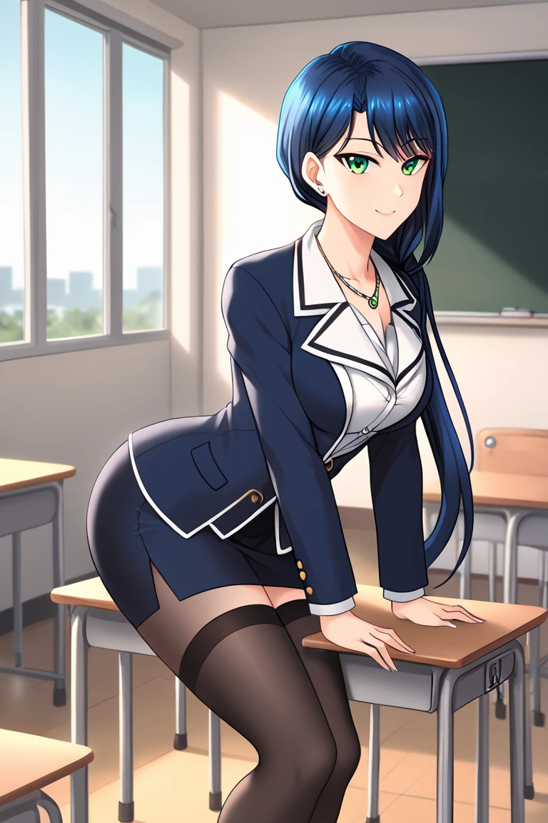  adult woman,26 years old,School teacher, Very Long Hair ,  hair hanging over shoulders , Low Ponytail ,bangs, Blue Hair, green eyes, opens your eyes , smiles, closes her mouth,clavicle, silver necklace ,Dark blue jacket,black striped cutter shirt, dark blue pencil skirt , thigh-length black floral stockings, Background School Classroom ,Character portrait,solo,  anatomically correct ,  high definition , accurate, 最 High Quality ,  high detail,  HD Model,  High Quality ,  Ultra High Definition,  textured skin,  8k octane, 