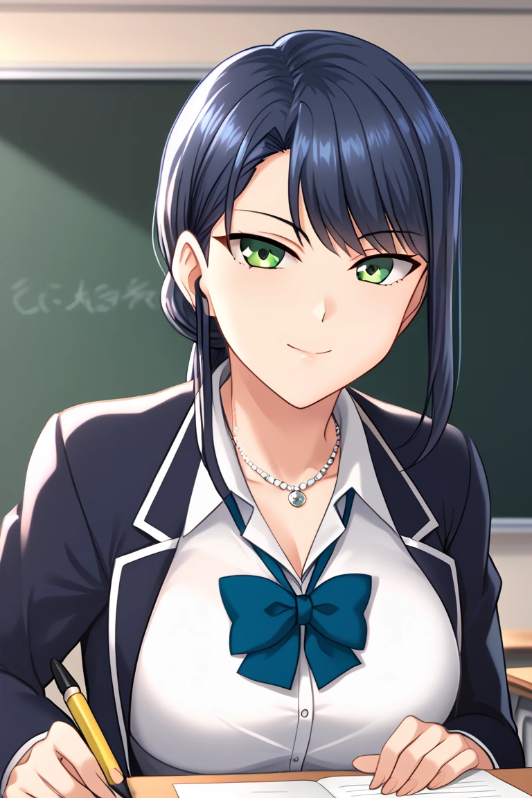  adult woman,26 years old,School teacher, long hair,  hair hanging over shoulders , Low Ponytail ,bangs, Blue Hair, green eyes, opens your eyes , smiles, closes her mouth,clavicle, silver necklace ,Dark blue jacket,black striped cutter shirt, dark blue pencil skirt , thigh-length black floral stockings, Background School Classroom ,Character portrait,solo,  anatomically correct ,  high definition , accurate, 最 High Quality ,  high detail,  HD Model,  High Quality ,  Ultra High Definition,  textured skin,  8k octane, 