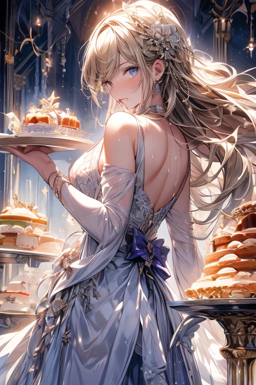 (from above:1.2),18 year old beautiful girl,Purplish blue eyes that dreamers desire,(Blonde hair) , small stature, (masutepiece:1.2, Best Quality),(finely detailed beautiful eye: 1.2),(beautifull detailed face),(perky chest:1.1),(pointed chest:1.2),(cakes magazine cover:1.5),(Best Illumination, extremely delicate and beautiful),sexy pose,make a cocktail , in a bar counter,Ultra Contrast,Braid a little around the ears, White long dress, (very detailed),(Raw photo, highest quality),(realistic, Photoreal:1.3), high detail, very detailed complex 3D rendering of face, (very detailed skin:1.2), dynamic angle, fire glow effect, professional lighting, side light, cinematic light, a super high resolution, 8K , best shadow, particles of light, Fine skin texture, detailed face, intricate details, Super detailed, shine, Please reconsider, full body,, beautiful face, shiny skin, thin, nice companion, delicate body, thin legs, naked apron, ((crawl on all fours:0.4)), beautiful back, butt, turn around, A picture from a little behind, bend the body, the skirt is floating in the wind, Dark purple panties, thin Pubic hair ,(with sparkling eyes and a contagious smile), open mouth, highest quality, high resolution, Real World, Natural light, perfect Natural Light, ((the tip is protruding, areolas protruding,The shape of the pubic area is clearly visible:1.2)),Sweating,Wet,Wet crotch,Wet thighs,Realistic, (cute, perfect clothes, skimpy clothes, cute: 1.3) ,narrow waist,(with sparkling eyes and a contagious smile:0.9),looking at viewer,
