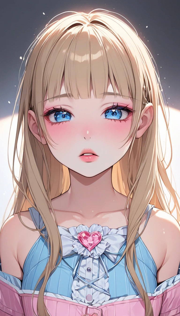 score_9, score_8_up, score_7_up, 1girl, bangs, blonde hair, blue eyes, blush, collarbone, hair between eyes, hair spread out, heart, long hair, long sleeves, looking to the side, solo, spoken heart, intricate, detailed