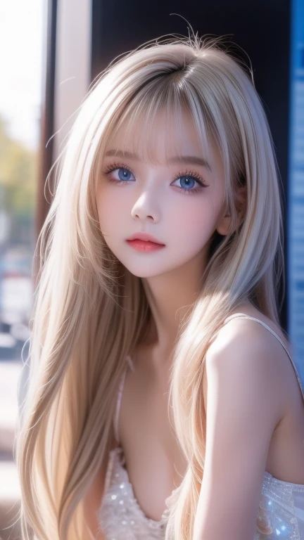 A beautiful girl in the world with a very beautiful 、 super long silky shiny bright natural platinum blonde hair、Long bangs in the center of the face、 cute sexy  、Very beautiful blonde hair with incredibly bright sky blue eyes、 Blonde above one eye 、 bangs between eyes、Very big eyes、Ample Bust、Very white skin、 glowing skin、Gloss Face、Cheek gloss、 eyeliner 、Small Face Beauty、A very beautiful white girl